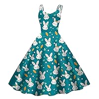 2024 Easter Summer Dresses for Women Spaghetti Strap Midi Sundress Cute Rabbit Print Casual Dress Bunny Party Dress