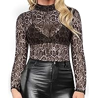 RITERA Plus Size Tops for Women Black Sheer Mesh Shirt Long Sleeve Sexy Blouse Snakeskin 4XL 26W