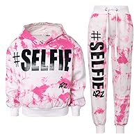 Kids #SELFIE Tie Dye Tracksuit Crop Hoodie Sweatpants Co-ord Set Girls Age 5-13