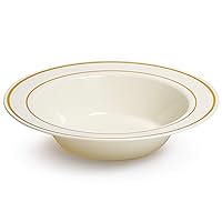 Gold Rimmed Ivory Bowls - 12 ounce - 50 Count - Hard Plastic - Disposable or Reusable - Dessert Bowls - Salad Bowls- Cereal Bowls - Pasta Bowls - Ideal for Weddings, Parties, Gatherings, Events &More!