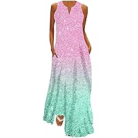 Summer High Waist Casual Tank Dress Women Vintage Shiny Graphic Beach Dress Fashion Sleeveless V Neck Maxi Dresses