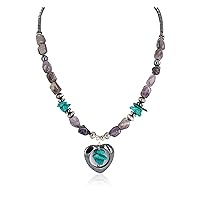 $280Tag Heart Silver Certified Navajo Turquoise Amethyst Native Necklace 18276-3 Made by Loma Siiva
