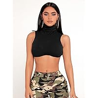 Women's Tops Women's Tops and Blouses Funnel Neck Crop Tank Top Women's Tops Casual (Color : Black, Size : Large)