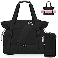 Gym Bag for Women, Yoga Mat Bag with Water Bottle Bag, 40L Weekender Overnight Bag with Shoe Compartment & Wet Pocket, Travel Duffle Bag Women for Yoga, Work, Hospital, Pilates and Gym, Black