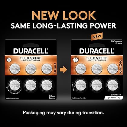 Duracell CR2032 3V Lithium Battery, Child Safety Features, 6 Count Pack, Lithium Coin Battery for Key Fob, Car Remote, Glucose Monitor, CR Lithium 3 Volt Cell