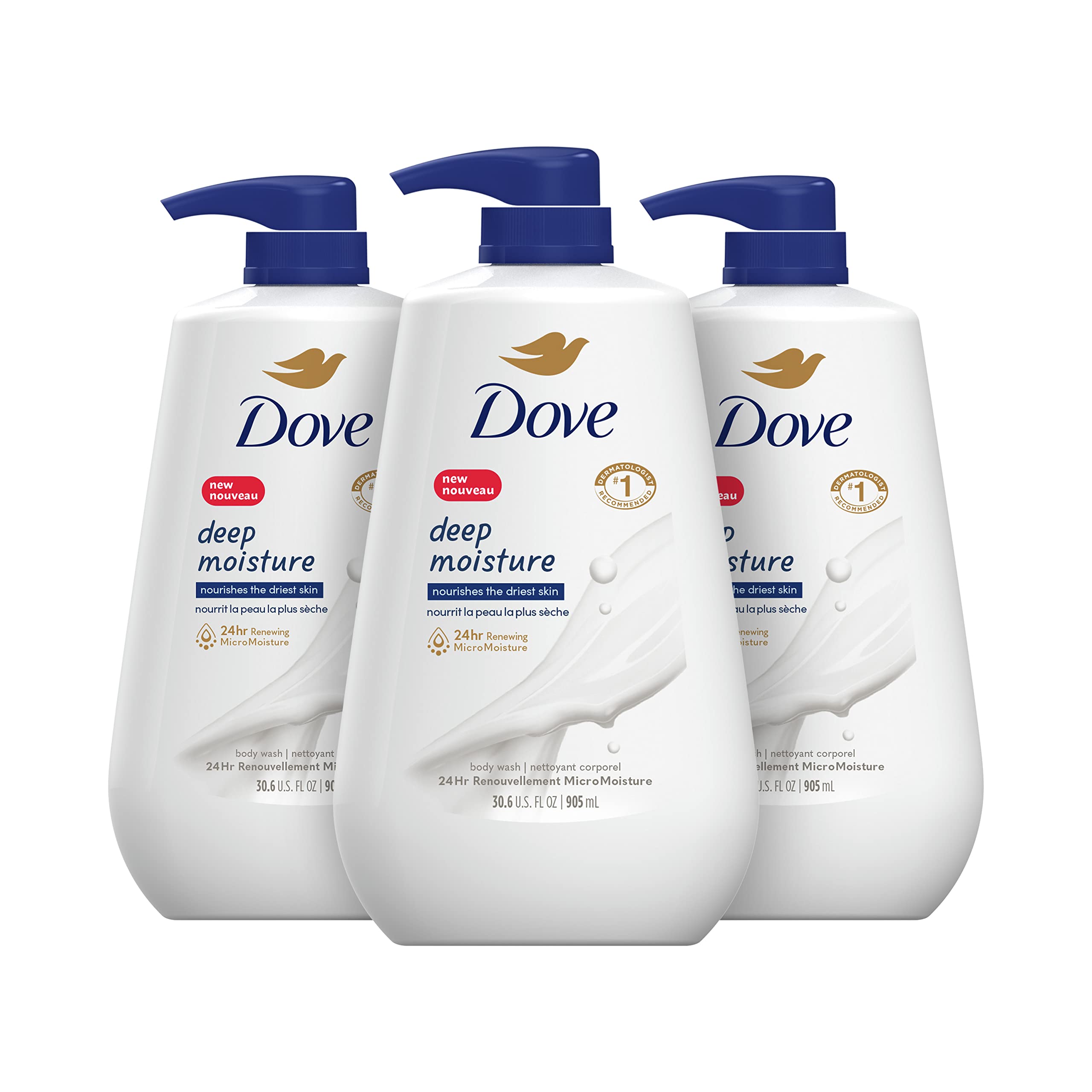 Dove Body Wash with Pump Deep Moisture 3 Count For Dry Skin Moisturizing Skin Cleanser with 24hr Renewing MicroMoisture Nourishes The Driest Skin 30.6 oz