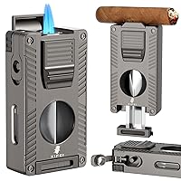 XIFEI 5 in 1 Cigar Lighter with Cigar Cutter V Cut, Cigar Punch, Cigar Draw Enhancer, Cigar Holder, Refillable Butane Torch Lighter Gift for Men, Windproof Double Jet Flame Lighters for Smoking (Gray)