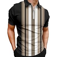 Flamingals Men's Striped Polo Shirt for Men Short Sleeve Cotton Slim Fit Lapel Collar Zipper Polo Shirt