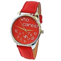 Red Who Cares Watch, Unisex Wrist Watch, Quartz Analog Watch with Leather Band