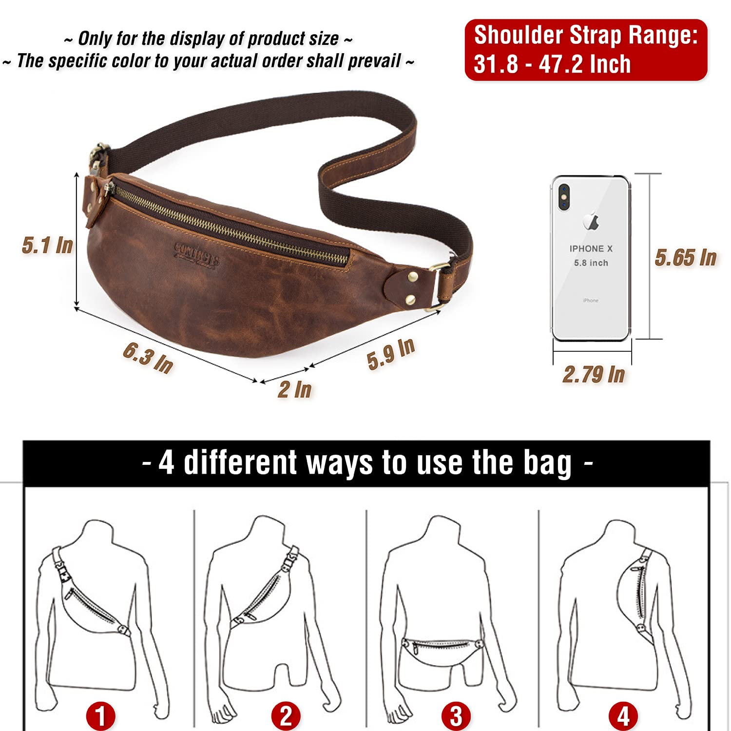 Top Grain Genuine Leather Slim Waist Pack for Man & Woman, Minimalist Vintage Design, Handmade with Detachable Hardware, Slim Fanny Pack Small Crossbody Belt Bag for Traveling or Riding, Coffee