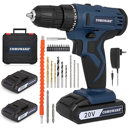 COMOWARE 20V Cordless Drill, Electric Power Drill Set with 2 Batteries & Charger, 3/8” Keyless Chuck, 2 Variable Speed, 280 In-lb Torque, 18 Position and 22pcs Drill/Driver Bits