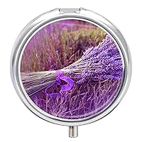 Round Pill Box Lavender Flowers Portable Pill Case Medicine Organizer Vitamin Holder Container with 3 Compartments