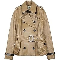 Beige Genuine Sheepskin Womens Double Breasted Belted Short Leather Trench Coat Classic Moto Racing High-Street Style