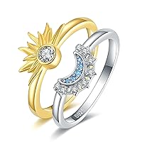 S925-Sterling-Silver Celestial Sun and Moon Ring Set - A Pair 18k and White Gold Plated Friendship Promise Matcking Ring,Anniversary Jewelry Gifts for Couple Girlfriend Women