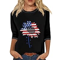Workout Shirts Women, 4Th of July Dresses for Women Work Shirts for Women Ladies Independence Day Print Tunic Trendy 3/4 Sleeve 2024 Tee O-Neck Loose Shirt Daily Shirt Dressy (Black,Small)