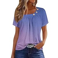 T Shirt for Women 2024 Sparkly Tops for Women Summer Gradient Color Fashion Casual Loose Fit with Short Sleeve Round Neck Button Blouses Purple Pink Small
