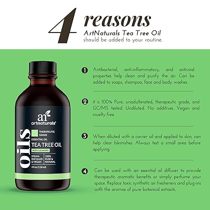 artnaturals Tea Tree Essential Oil 4oz - 100% Pure Oils Premium Melaleuca Therapeutic Grade Best for Acne, Skin, Hair, Nails, Face and Body Wash Aromatherapy & Diffuser