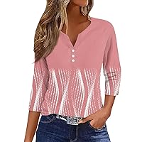 Womens Summer Tops Fashion 2024 Henley Neck Cute Print Shirts Casual Button Down 3/4 Length Sleeve Blouses Tees