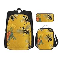 3 Pcs Welcome Bees Print Backpack Sets Casual Daypack with Lunch Box Pencil Case for Women Men