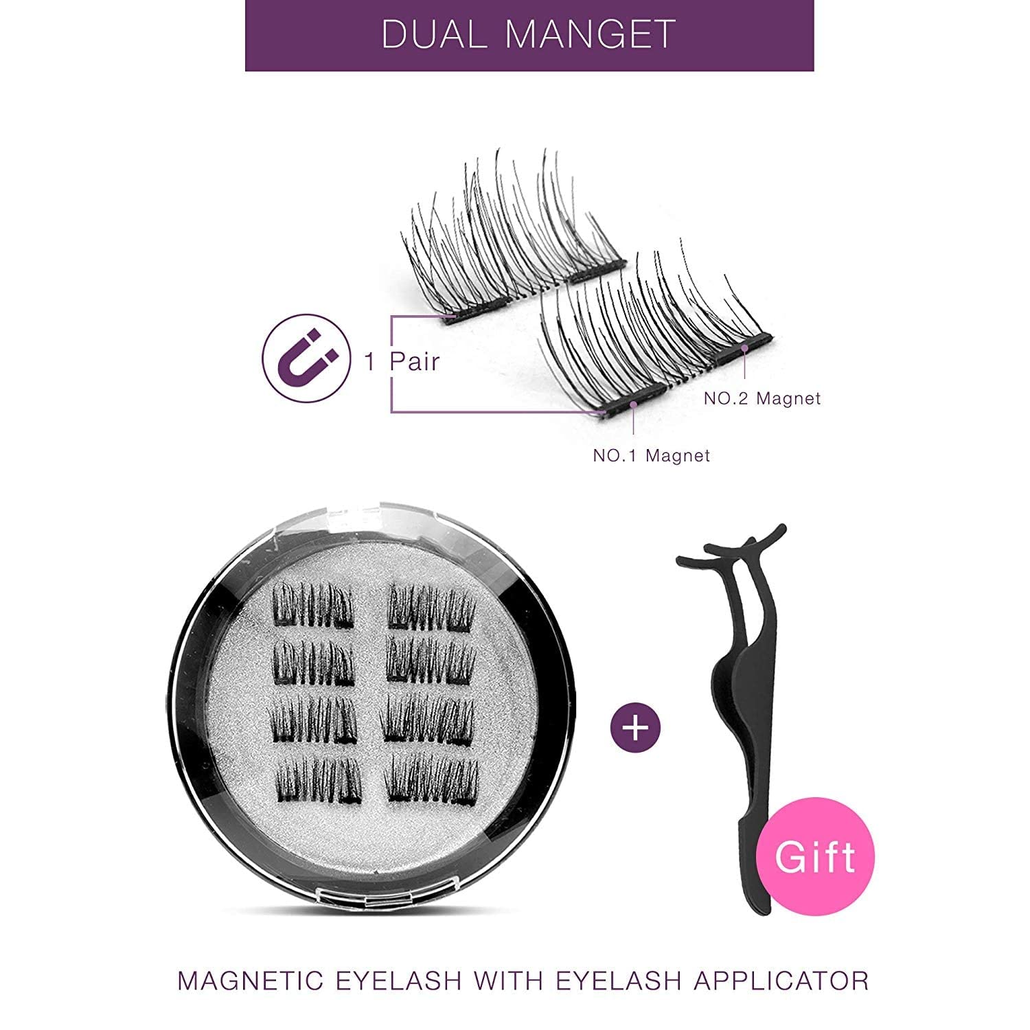 VASSOUL Dual Magnetic Eyelashes, 0.2mm Ultra Thin Magnet, Light weight & Easy to Wear, Best 3D Reusable Eyelashes with Applicator (8 PC with Tweezers)