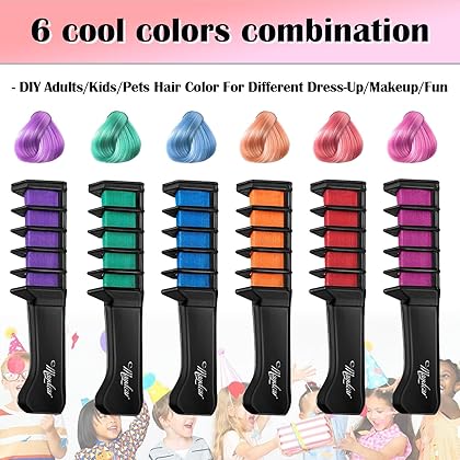 Maydear Hair Chalk Comb for Kids Girls, Temporary Hair Color Kit Non Toxic Washable Hair Dye for Age 4 5 6 7 8 9 10 11 12 Birthday Cosplay Halloween Christmas DIY (6 Colors Set)