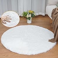 White Faux Rabbit Washable Fur Area Rugs Circle Rugs for Living Room Bedroom Teen Room Fluffy Area Rug 3ft Round Rug