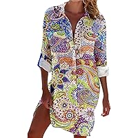 Women's Tops 2024 Floral Long Shirts Casual Summer Beach Dresses Roll 3/4 Sleeve Button Down Dress Tunic Tops Blouse