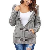 Flygo Women's Fleece Knit Hooded Cardigans Button Up Cable Sweater Coat With Pockets