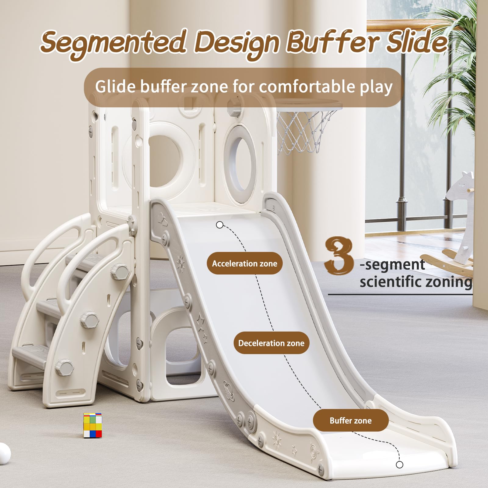 YUYUE 7 in 1 Toddler Slide for Toddlers Age 1-3, Extra-Long Slide with Basketball Hoop Indoor and Outdoor Baby Climber Playset Playground Freestanding Slide (White+Grey)