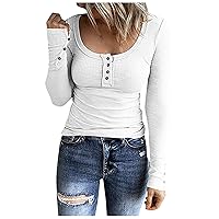 Ceboyel Long Sleeve Shirts for Women Trendy Ribbed Knit Blouses Button Down Henley Tops Fitted Cute Laides Fall Outfits 2023