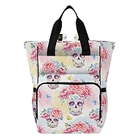 Watercolor Skull Diaper Bag Backpack for Dad Mom Large Capacity Baby Changing Totes with Three Pockets Multifunction Nappy Changing Bag for Playing Shopping Picnicking