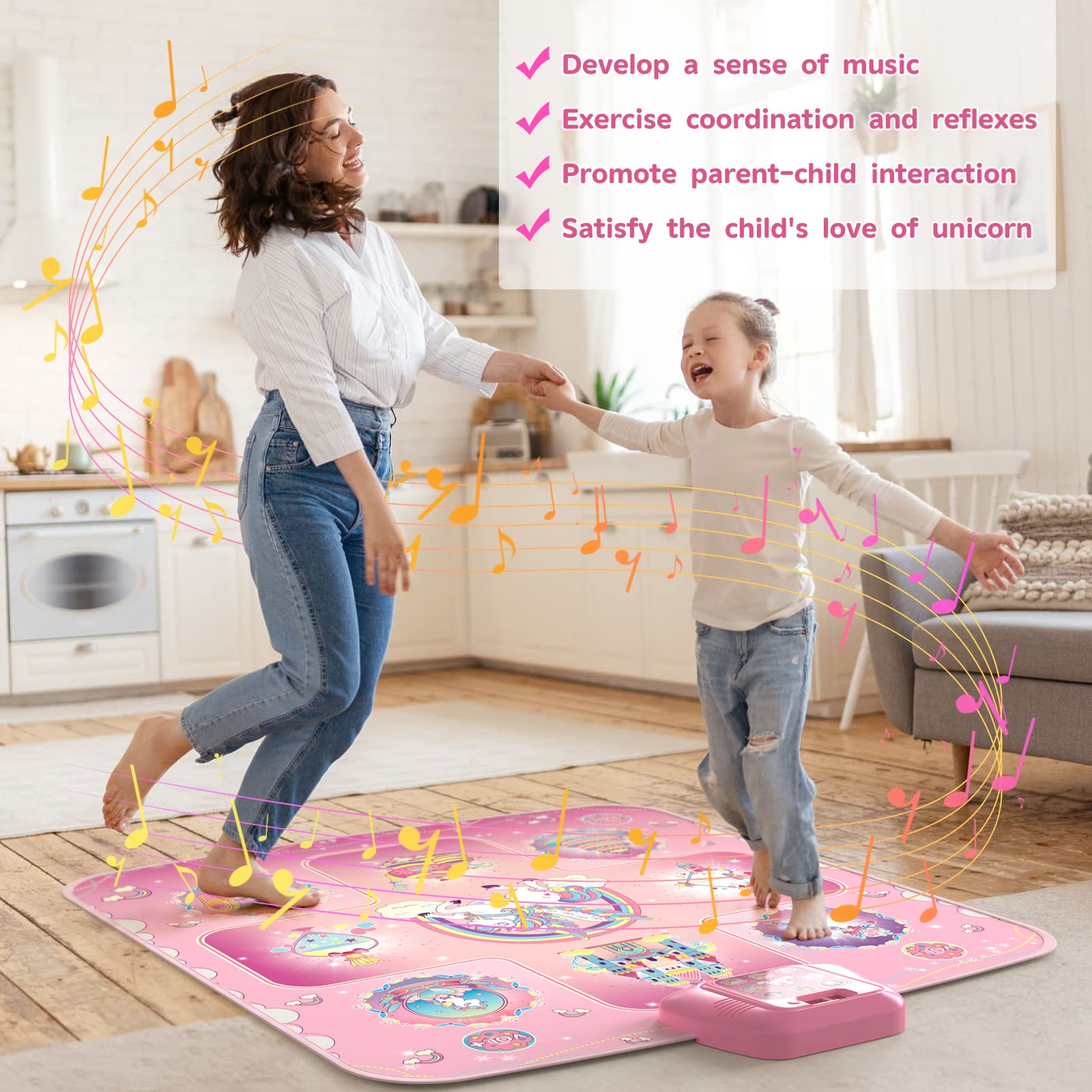 GirlsHome Dance Mat - Unicorn Toys for Girls Electronic Dance Pad with 5 Game Modes, Built-In Music, Touch Sensitive Light Up LED Kids Musical Mat, Christmas & Birthday Gift for Toddler Girls 3-12