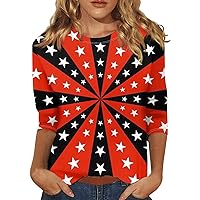 Woman 4th of July Shirt 3/4 Sleeve Tops Women Independence Day Clothes Star Stripes American Flag Patriotic T Shirt