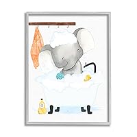 Stupell Industries Children's Baby Elephant Bubble Bath Rubber Duck Bathroom Grey Framed Wall Art, White