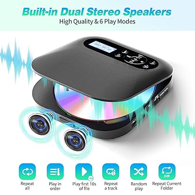 CD Player Portable,Bluetooth CD Player with Dual Headphone Jack for Home,  Rechargeable Walkman Small CD Player for Car,CD Player with Bluetooth  Visibility LCD Screen 