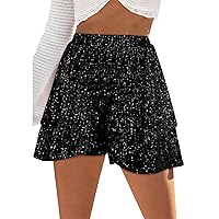 Dokotoo Womens Sequin Shorts Elastic Waist Wide Leg Sparkle Casual Flowy Shorts for Women Trendy