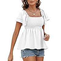 Women's Summer Peplum Tops Square Neck Ruffle Trim Short Sleeve Blouse Smocked Top Dressy Casual Shirts
