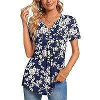 CATHY Womens Short Sleeve Tunic Tops Henley Shirt V-neck Button Up Blouse Casual Pleated Basic Pullover