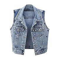 Women's Single Breasted Sleeveless Embroidered Denim Short Vest Vest Top