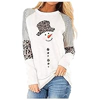 Christmas Snowman Leopard Tunic for Women Color Block Casual Long Sleeve Striped Blouse Round Neck Pullover T Shirt Tops