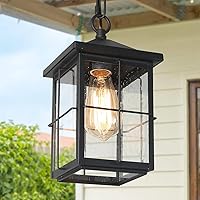 Outdoor Pendant Light Fixture, Farmhouse Exterior Hanging Lights with Adjustable Chain, Black Ceiling Outdoor Light with Seeded Glass, Square Hanging Lantern for Front Door, Entry, Porch, and Gazebo