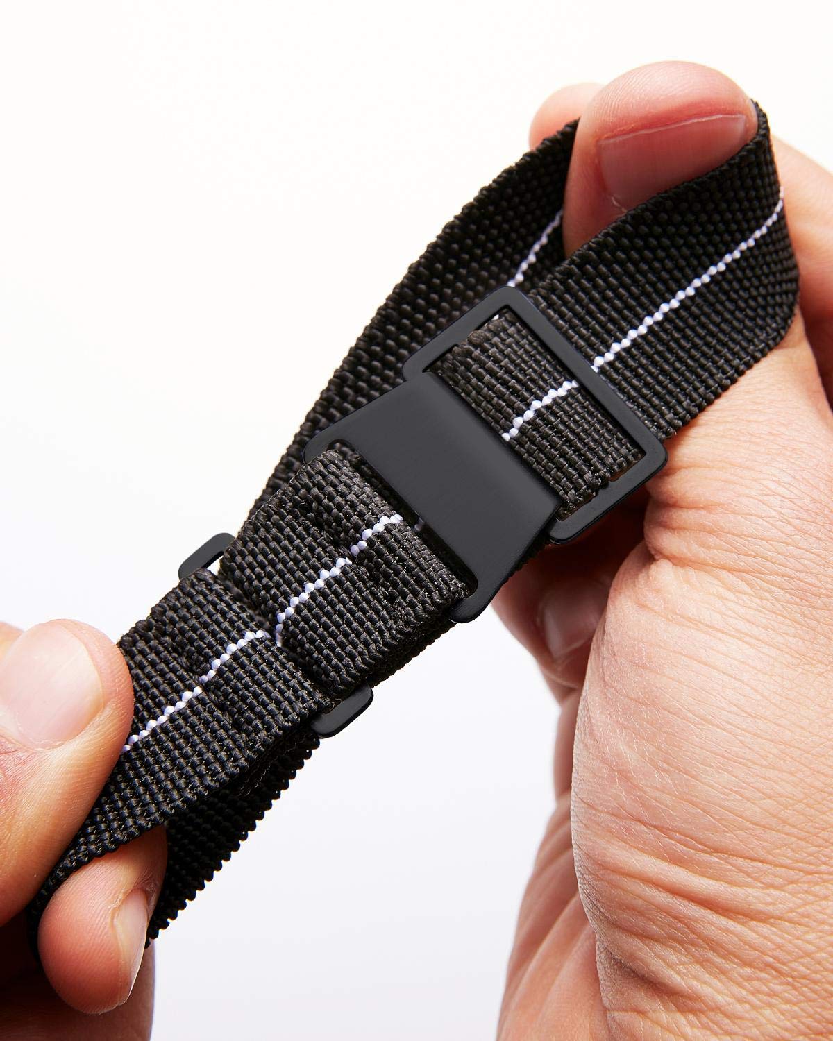 BINLUN Watch Band Nylon Waterproof Military Fbric Elastic Replacement Watch Strap Hook-and-Loop Men Women Black Buckle (Black-white,22mm)(Update Version)