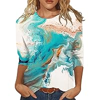 3/4 Sleeve Tops for Women, Women's Fashion Casual Round Neck 3/4 Sleeve Printed T-Shirt Women's Top Three Quarter Sleeve