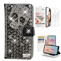 STENES Bling Wallet Phone Case Compatible with Samsung Galaxy A35 5G - Stylish - 3D Handmade Punk Skull Glitter Magnetic Wallet Leather Girls Women Cover with Screen Protector [2 Pack] - Black