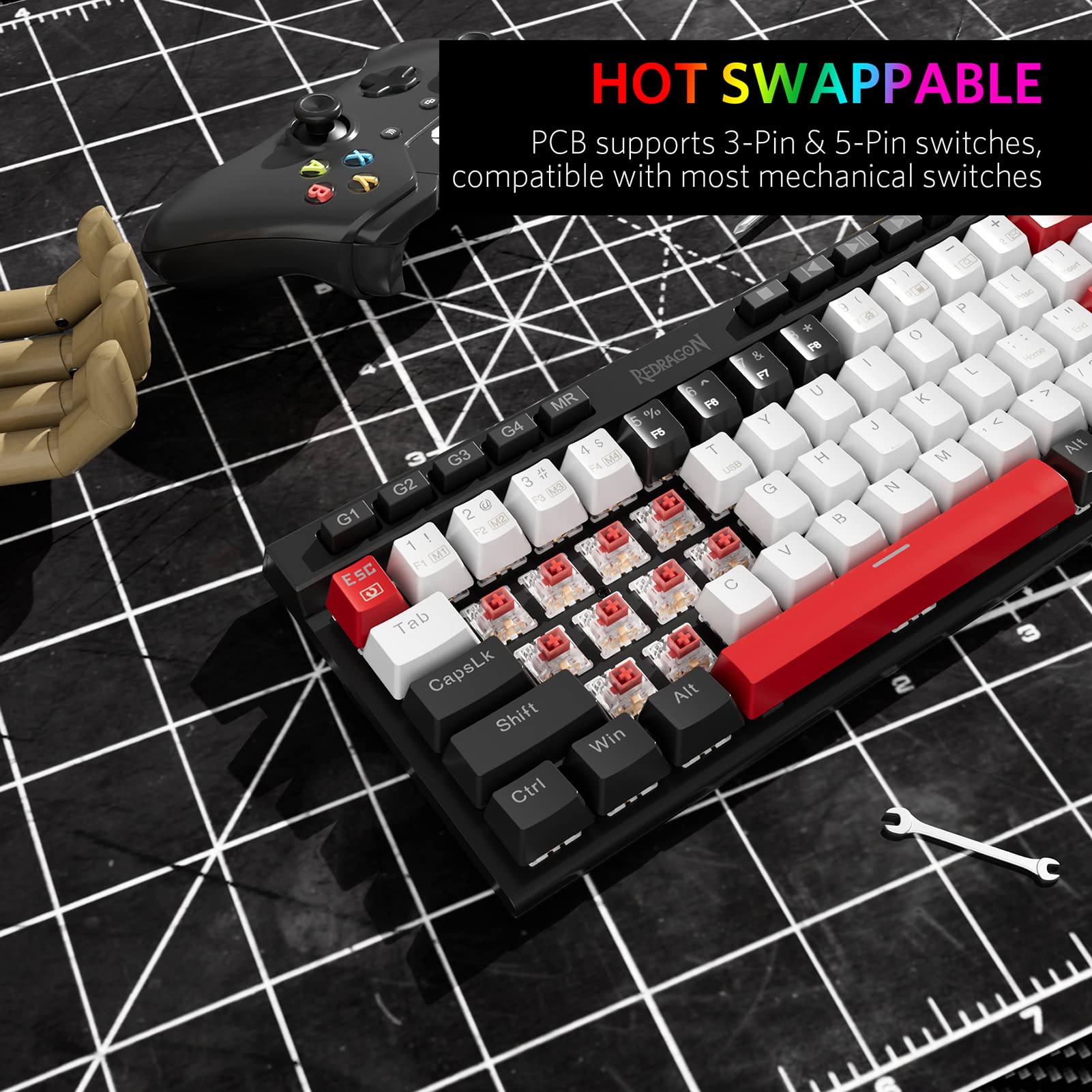 Redragon K635 Hot Swappable Mechanical Keyboard Customized RGB Backlit with Volume Control, Bluetooth/2.4G-Wireless/USB-C Compact Gaming Keyboard with Red Switches(68+10Keys)