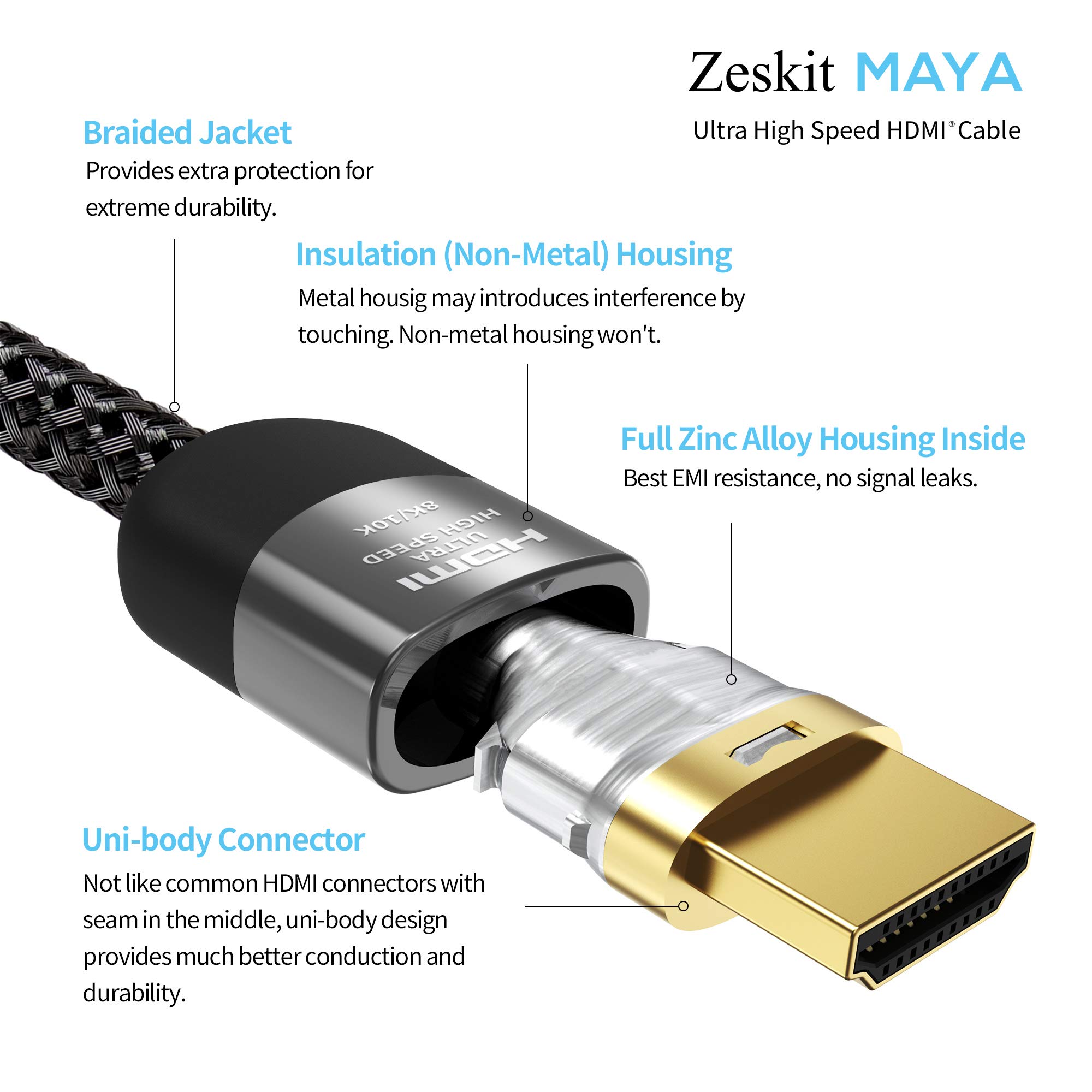 Zeskit Maya 2.1 8K HDMI Cable 6.5ft 4K120Hz 48Gbps for eARC Soundbar Ethernet Gaming 144Hz Certified Ultra High Speed HDR VRR HDCP 2.2 2.3 Compatible with Dolby Vision Atmos Apple TV Xbox Series X PS5