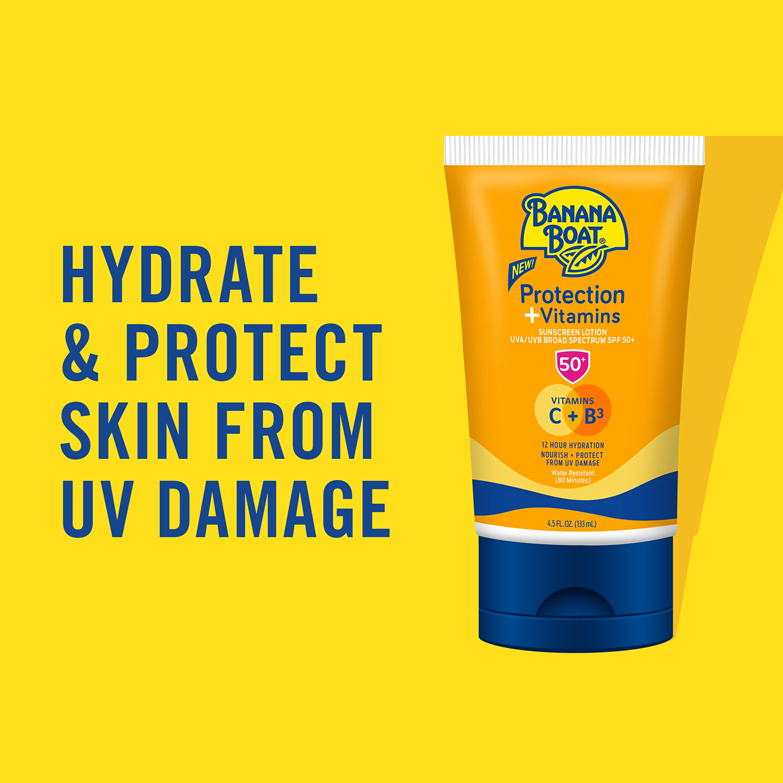 Banana Boat Protection + Vitamins Sunscreen Lotion SPF 50 | Moisturizing Sunscreen with Vitamin C & Niacinamide | Banana Boat Sunscreen Lotion, Vitamin B3 & Vitamin C Sunscreen, 4.5 oz.