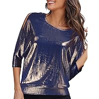 JASAMBAC Sequin Tops Women Sparkle Party Night Top Cold Shoulder Cross V-Neck Tunic Short Sleeve Tops Concert Outfit