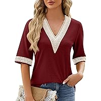 Women's Casual Fashion 3/4 Flared Sleeve V-Neck Shirt, Lace Splicing Casual Loose Plus Size Blouse Tops