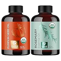 Organic Hair Oils for Hair Growth - Large Size Organic Rosemary Essential Oil Plus Organic Pumpkin Seed Oil for Hair Growth - Vegan Organic Hair Oil for Dry Damaged Hair and Growth - 4 Fl Oz Each
